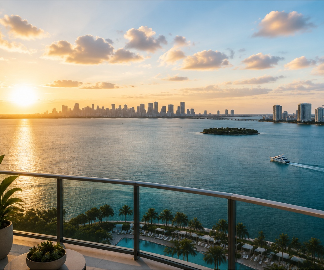 Sunset panorama across Biscayne Bay toward the Miami skyline from Residence 2607